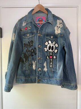Lalabobo Star Distressed Denim Jacket Graffiti Patches Colorful Streetwear Y2K